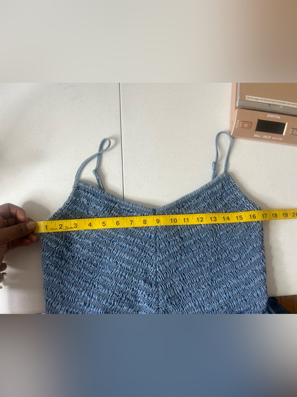 American Eagle Bella Bubble Mini Dress Denim Stretch Smocked Tank Large Cottage - Picture 7 of 9